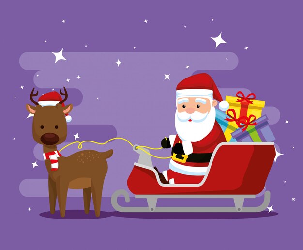 Ciervo con Papá Noel en el trineo y regalos.