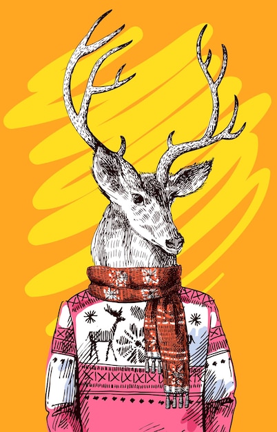 Ciervo en suéter de punto Ilustración vectorial para cartel de tarjeta de felicitación o impresión en ropa Hipster de dibujo de estilo de moda
