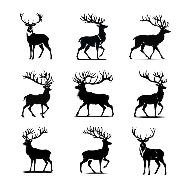 Ciervos con cuernos conjunto de arte vectorial en blanco y negro Silueta de renos en movimiento