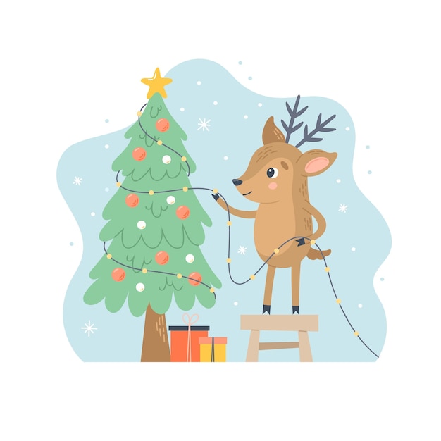 Ciervos decorando el árbol de Navidad Personaje de invierno con adornos y regalos.