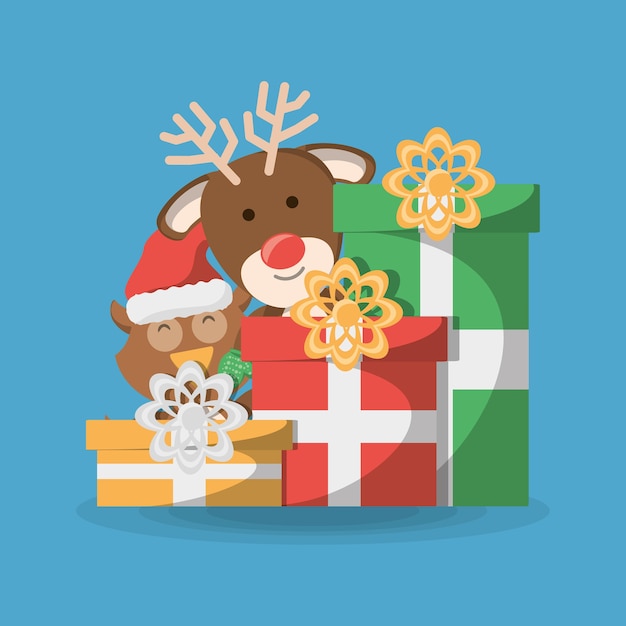 Vector ciervos de navidad y búho con icono de cajas de regalo