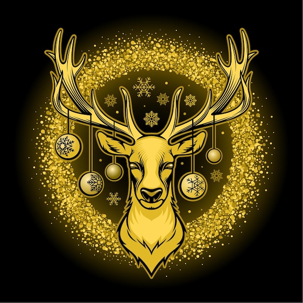 Ciervos de oro sobre una ilustración de vector de fondo negro. Tarjeta de Navidad y año nuevo.