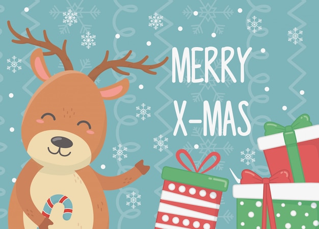 Ciervos sonrientes con regalos e ilustración de bastón de caramelo