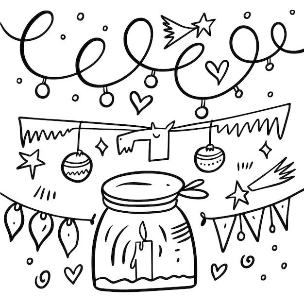 Ciervos, velas y muchos otros elementos navideños. Estilo Doodle. Dibujar a mano de dibujos animados para colorear. Aislado sobre fondo blanco.