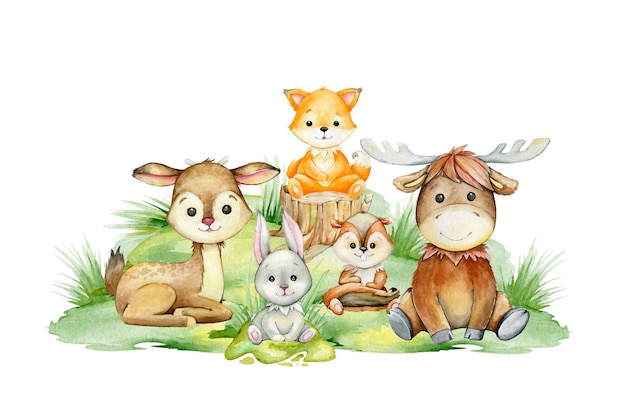 Ciervos, zorros, ardillas, alces, liebres, sentados en un césped verde.