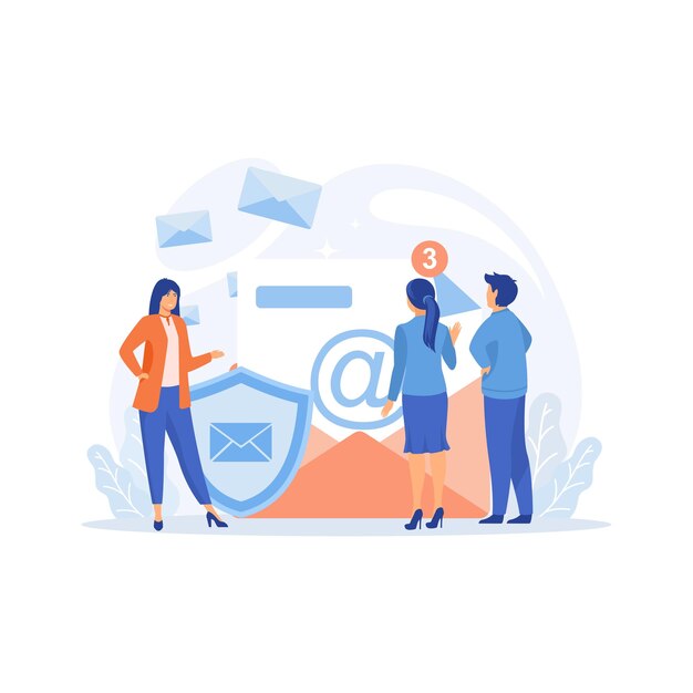 Cifrado de correo electrónico La gente está cerca de un gran escudo Cartas de correo electrónico Mensajes de vector plano Ilustración moderna