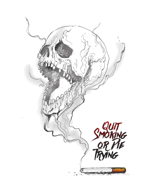 Cigarrillo ardiendo como un diseño en forma de calavera con humo mortal que simboliza que dejar de fumar o morir en el intento