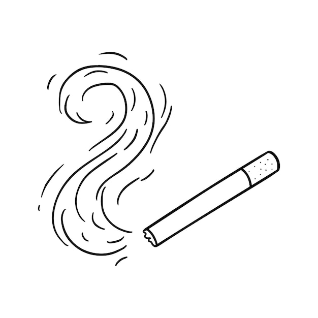 Vector cigarrillo con humo nicotina ardiendo mal hábito garabato dibujos animados lineales para colorear