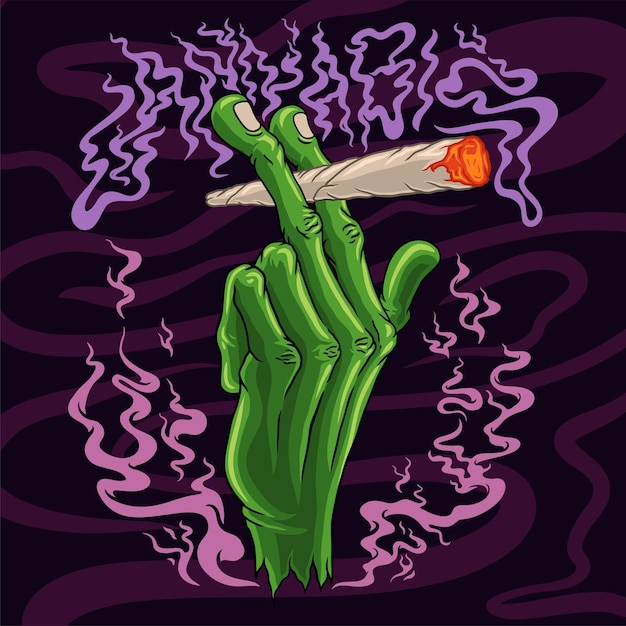 Vector cigarrillo de marihuana en la mano de los alienígenas _vector premium