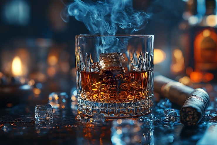 Vector cigarro y vaso con whisky con humo blanco en un fondo borroso