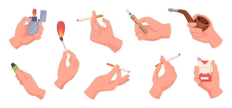Vector cigarros en las manos personas que sostienen cigarrillos de vape y diferentes dispositivos específicos para fumar tabaco vectorial exacto conjunto de imágenes de concepto