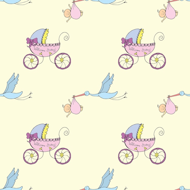 Cigüeña con un recién nacido y un cochecito de bebé de patrones sin fisuras lindo doodle ilustración vectorial