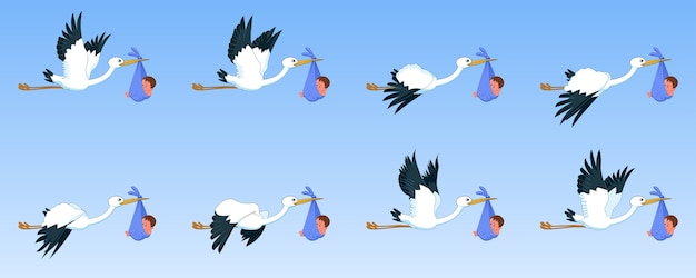 Cigüeñas con bayas hoja de sprites de animación de ciclo de vuelo