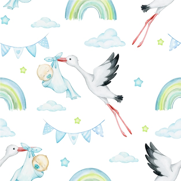 Las cigüeñas volando con niños de diferentes razas nubes arco iris estrellas azul acuarela patrón sin costuras en un fondo aislado
