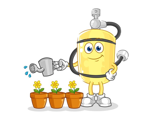 Cilindro de buzo que riega el vector de dibujos animados de la mascota de las flores