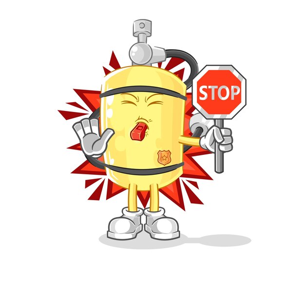 Cilindro de buzo con vector de mascota de dibujos animados de señal de stop