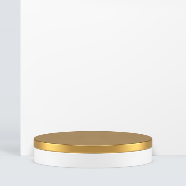 Cilindro dorado pedestal de podio 3D con fondo de pared blanco ilustración vectorial realista