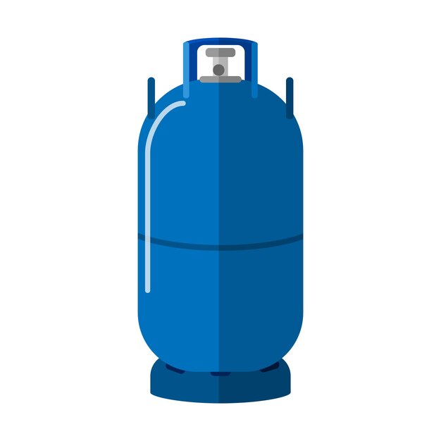 Cilindro de gas largo aislado sobre fondo blanco. Almacenamiento de combustible de alta bombona. Botella de propano azul con contenedor de icono de dos asas en la ilustración de vector de estilo plano.