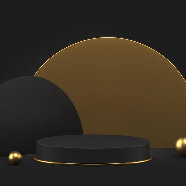 Cilindro negro pedestal de podio 3d con fondo de pared de semicírculo dorado vector realista