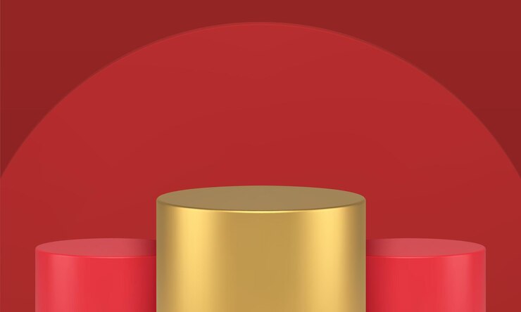 Vector cilindro rojo dorado campeón etapa composición producto marketing publicidad diseño 3d vector