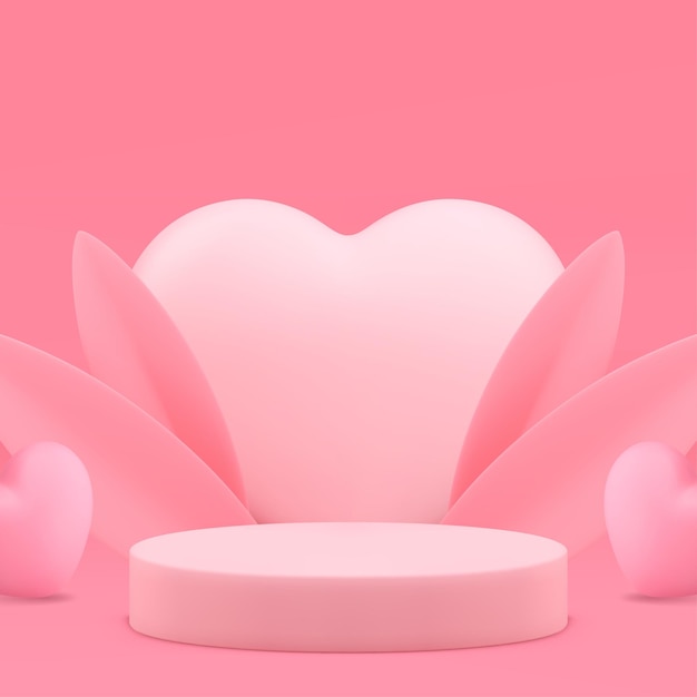 Cilindro rosado pedestal de podio 3d con pared de corazón y hojas fondo vectorial realista