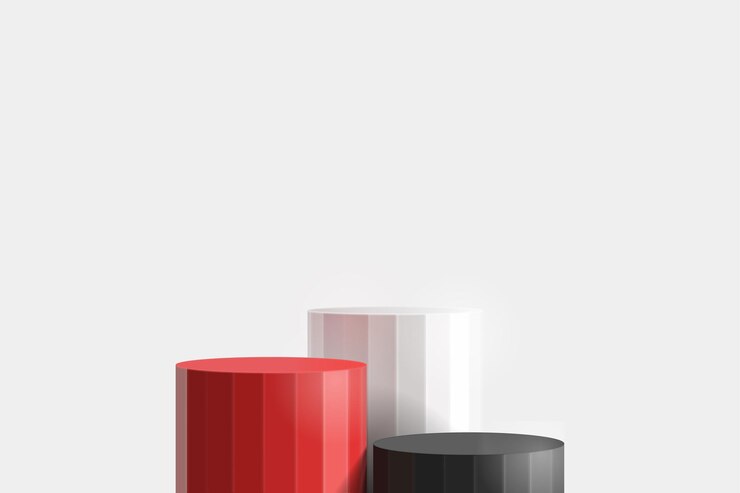 Vector cilindro tres pasos de soporte de producto en blanco negro blanco rojo sobre fondo blanco