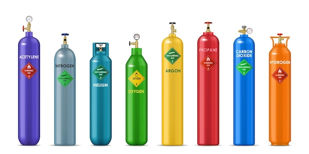 Cilindros de gas realistas de hidrógeno, oxígeno y propano