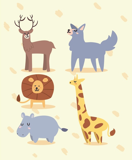 Cinco animales salvajes garabatos