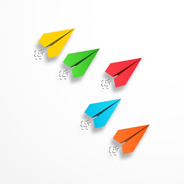 Cinco aviones de papel Carreras de aviones de papel flotando en el aire Concepto de liderazgo Aviones de papel Vista superior