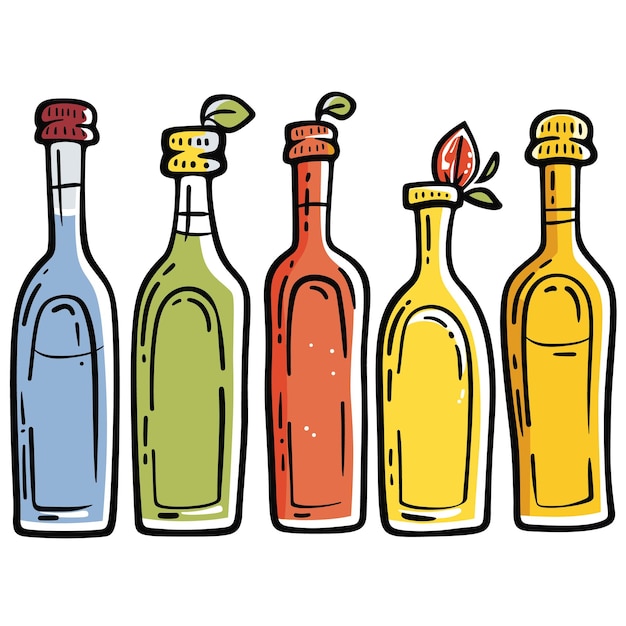 Cinco botellas coloridas dibujadas a mano con diferentes elementos vegetales en la tapa.
