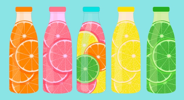 Vector cinco botellas con rodajas de fruta naranja, limón, lima, pomelo y cítricos, ilustración en color