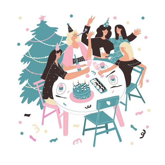 Cinco chicas celebrando el año nuevo vacaciones pastel sushi copas de champán casarse con la fiesta de Navidad