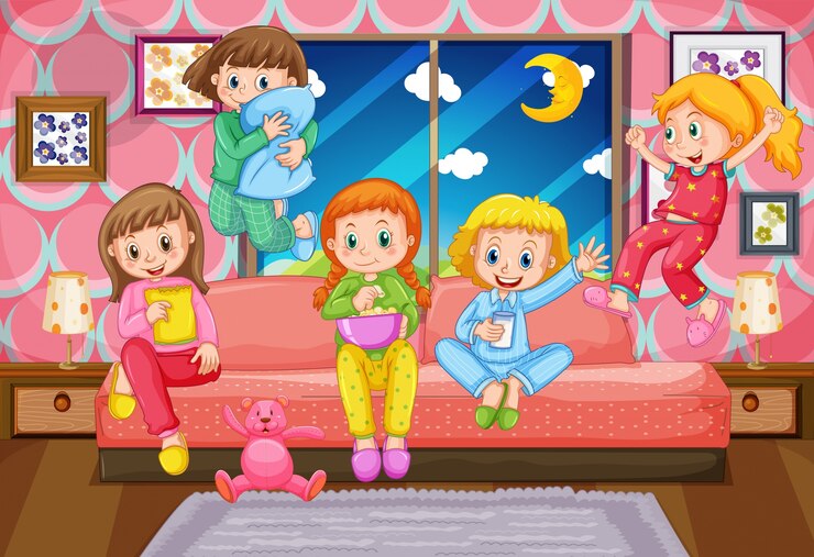 Vector cinco chicas que tienen fiesta de pijamas en la noche