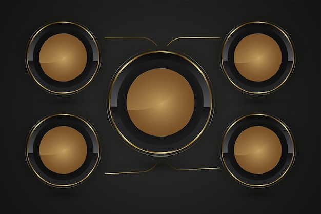Cinco círculos botones negros de lujo con ilustración vectorial de marco dorado y 3D brillante elegante
