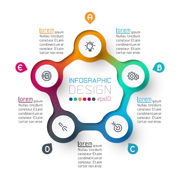 Cinco círculos con infografías de iconos de negocios.