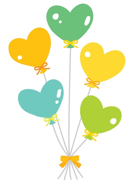 Cinco coloridos globos en forma de corazón de amarillo y verde.