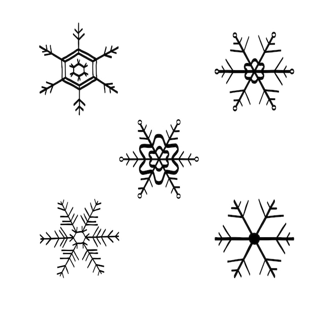 Cinco copos de nieve de fondo blanco de color negro estilo dibujo a mano conjunto ilustración vectorial