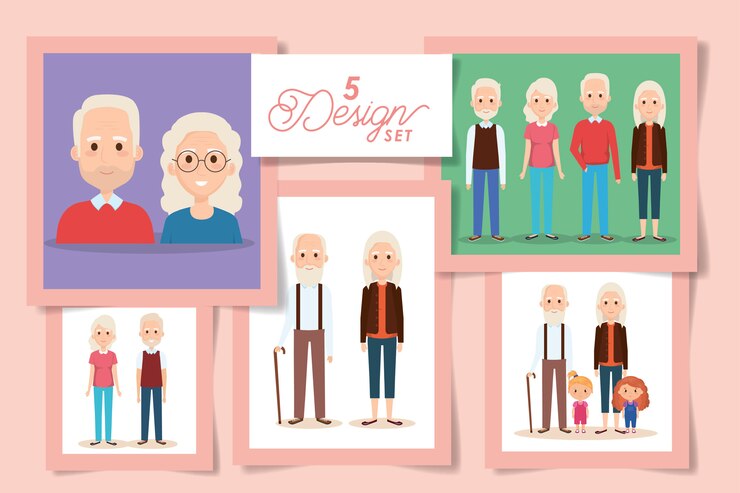 Vector cinco diseños de abuelos con nietos