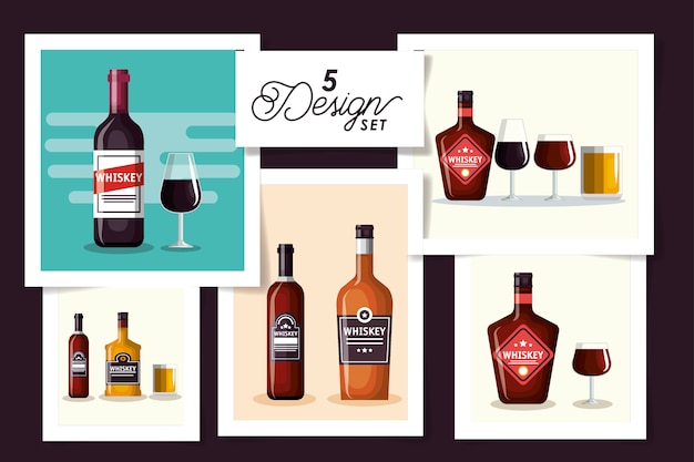 Cinco diseños de botellas de whisky y copa de vidrio.