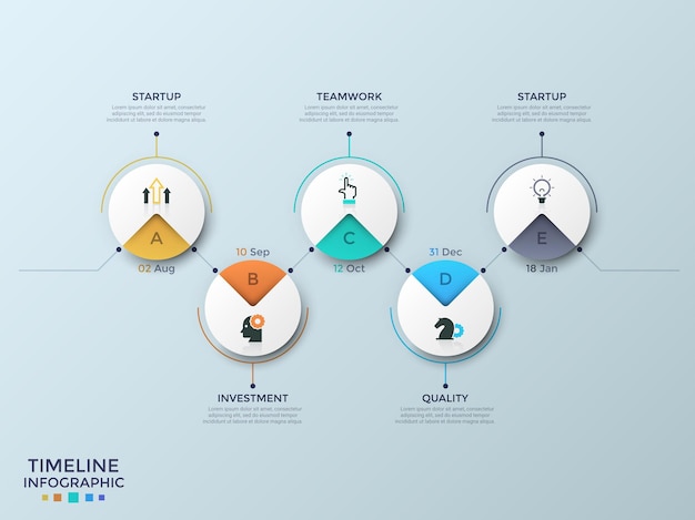 Cinco elementos circulares de papel blanco con símbolos lineales, letras e indicación de fecha conectados por una línea en zigzag horizontal. Plan de finalización del proyecto. Plantilla de diseño infográfico. Ilustración vectorial.