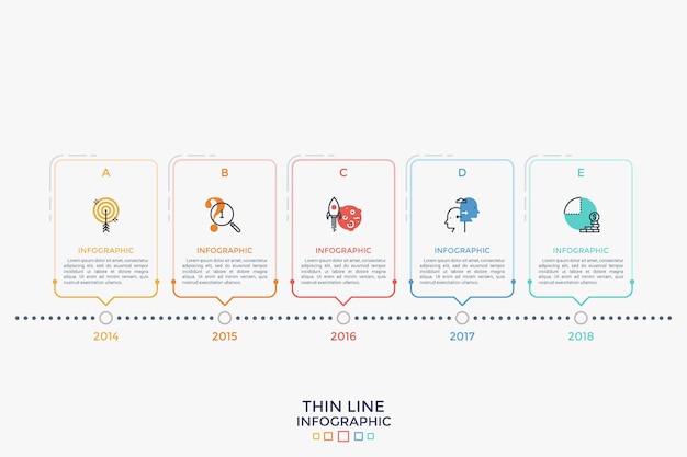Cinco elementos rectangulares con símbolos de líneas finas y lugar para el texto en el interior colocados en la línea de tiempo horizontal. Tabla de progreso comercial anual. Plantilla de diseño de infografía lineal. Ilustración vectorial.