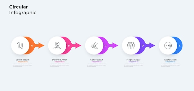 Cinco elementos redondos de papel blanco colocados en fila horizontal y conectados por flechas de colores. Concepto de 5 pasos sucesivos de proceso de negocio. Plantilla de diseño infográfico simple. ilustración vectorial