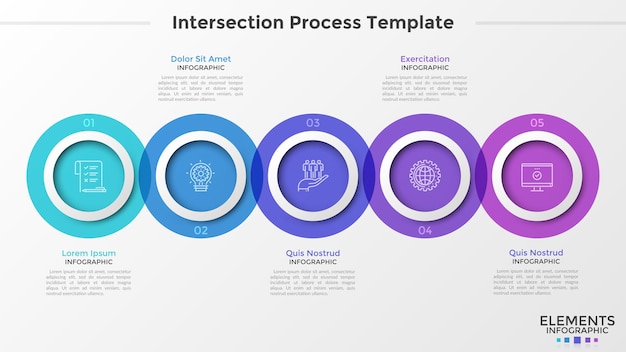 Cinco elementos translúcidos redondos con iconos lineales en el interior colocados en una fila horizontal e intersecados. Concepto de proceso de 5 pasos. Plantilla de diseño de infografía creativa. Ilustración de vector de informe.
