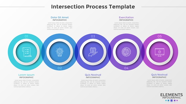 Cinco elementos translúcidos redondos con iconos lineales en el interior colocados en una fila horizontal e intersecados. concepto de proceso de 5 pasos. plantilla de diseño de infografía creativa. ilustración de vector de informe.