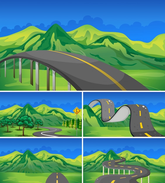 Vector cinco escenas de caminos vacíos a las montañas