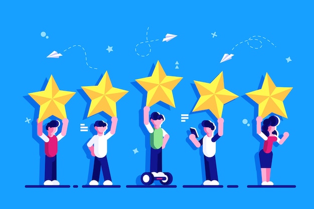 Cinco estrellas de calificación concepto de vector de estilo plano. La gente sostiene estrellas sobre las cabezas. Evaluación de comentarios de consumidores o clientes, nivel de satisfacción y crítica. Clasificación. Comentarios para la página web.