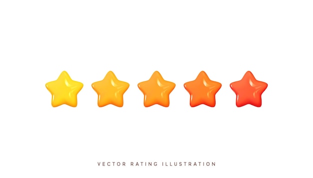 Cinco estrellas, colores amarillo y rojo brillantes. Concepto de retroalimentación de calificación del cliente del cliente sobre el empleado del sitio web. Diseño 3d realista del objeto. Para aplicaciones móviles. ilustración vectorial