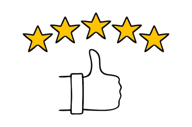 Cinco estrellas doradas o amarillas calificación de calidad de la revisión del cliente retroalimentación del icono dibujado a mano