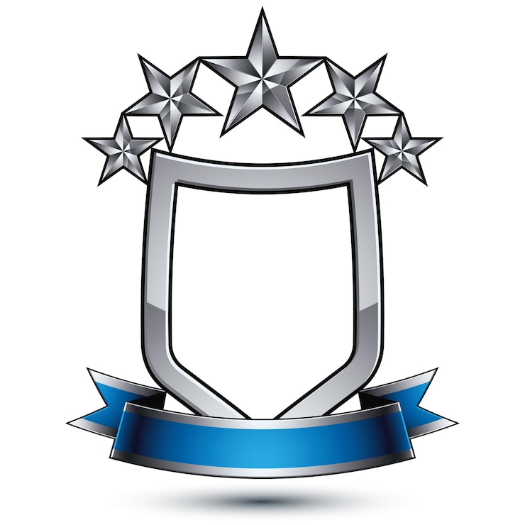 Vector cinco estrellas plateadas vectoriales con cinta ondulada colocada sobre el escudo de protección, elemento de diseño pentagonal sofisticado 3d, emblema claro eps 8.