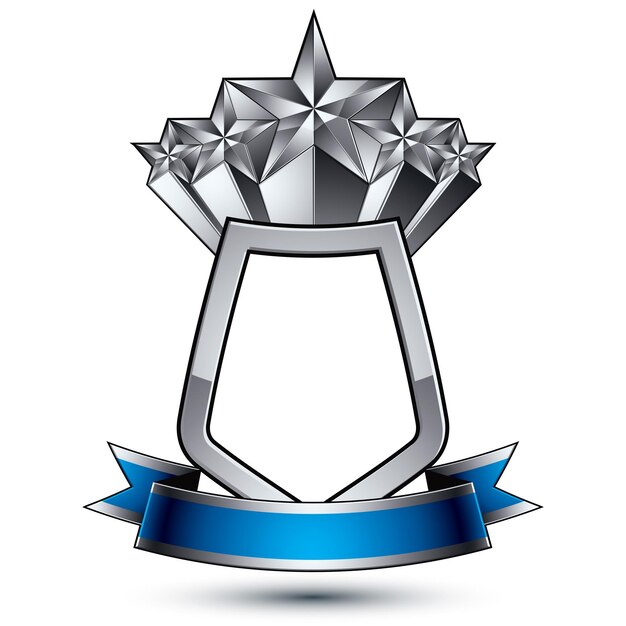 Cinco estrellas plateadas vectoriales con cinta ondulada colocadas en un escudo de protección, elemento de diseño pentagonal sofisticado 3d, emblema claro EPS 8.